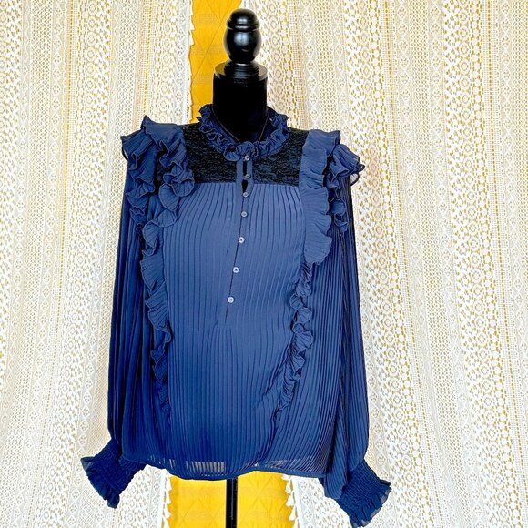 Anthropologie Sheer Pleated Ruffled Blouse Navy Blue | Corporate Goth | Size 1X - Picture 4 of 14